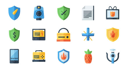 Flat Vector Icon Set: Security, Technology, and Miscellaneous Objects