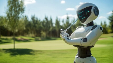 Innovative golf robot tees off on high-tech golf course showcasing advanced sensors and digital technology