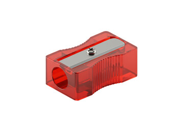 Isolated transparent red pencil sharpener for school use, with metal blade and fastener