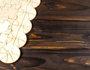Basketball placed beside partially completed white jigsaw puzzle on wooden surface symbolizing teamwork strategy and problem solving through sports and challenges
