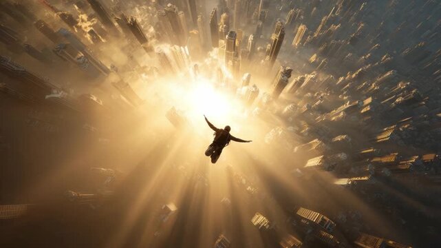 Soaring into the Light: A lone figure ascends towards a radiant sunburst, surrounded by an abstract world of fractured forms, conjuring feelings of transcendence and limitless potential. 