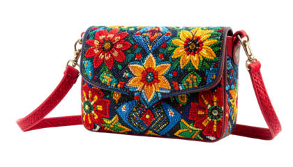 Colorful beaded crossbody bag featuring floral patterns and a red braided shoulder strap