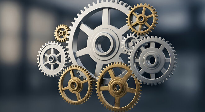 Dynamic metallic gears interlock representing teamwork, engineering, and innovation in modern technology, ideal for business, design, and industrial concepts