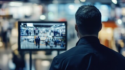Security guard monitoring activity shopping mall high-quality image busy environment rear view vigilance in action