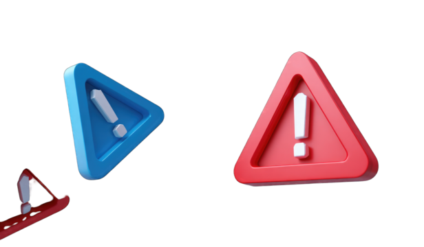 Two 3D triangular warning signs, blue and red, with exclamation marks