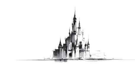 Fototapeta premium A striking illustration of an imaginary castle featuring tall spires and towers. The minimalist black and white design highlights the architectural details and evokes a sense of fantasy.