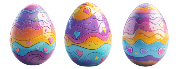 Decorative Easter egg with shimmering pastel stripes in gold, blue, and purple isolated on white transparent background. Symbol of Easter and celebration