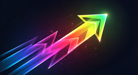 Dynamic neon arrow pointing upwards symbolizing growth, success, and progress against a dark background, perfect for business and technology concepts