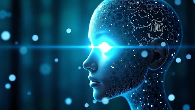Close-up profile view of a female AI robot head, glowing blue eyes, intricate circuitry details, 4k video footage, futuristic technology concept against a dark teal