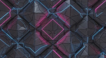 Abstract geometric pattern with glowing neon pink and blue lines on a dark, faceted surface, creating a futuristic visual effect.