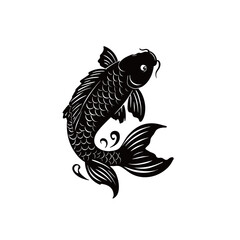 A black silhouette of a fish is depicted in mid-swim, showcasing intricate scales and fins. The elegant design highlights the grace of aquatic life, emphasizing its natural beauty.