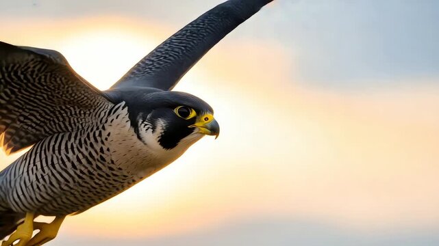 4k video of a peregrine falcon in flight, captured in a dynamic close-up shot against a warm sunset sky, showcasing its detailed plumage and powerful wings with a