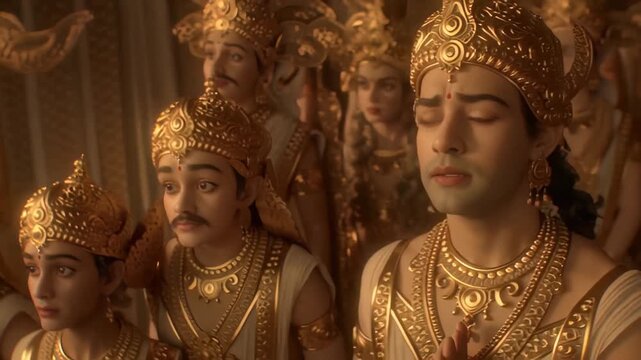 Devas Looking at Divine Light in Sky Spiritual Mythology Scene