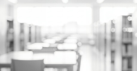 Blurred view of a library interior with tables chairs and bookshelves, illustrating collaborative learning environment with organized study areas and bright educational atmosphere.