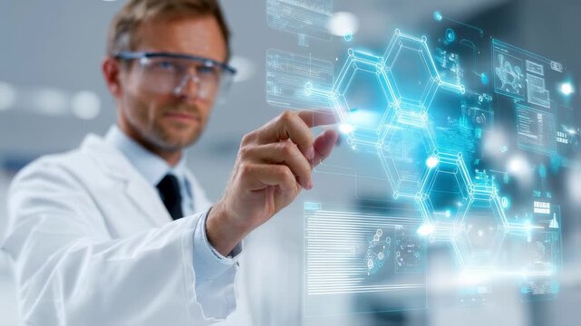 Healthcare product manager in a lab coat annotating HL7 messages on a digital interface medium frame clinical environment out of focus to highlight precision in health data