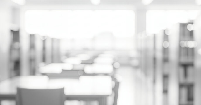 Blurred view of a library interior with tables chairs and bookshelves, illustrating collaborative learning environment with organized study areas and bright educational atmosphere.