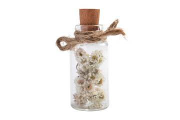 Glass bottle with wooden lid, decorated with rustic rope and filled with dried white flowers, isolated on white background