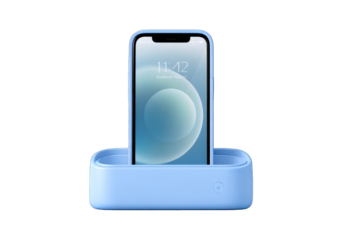 Light-blue phone in a light-blue cradle