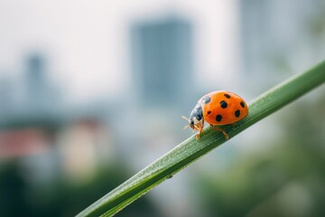 Obraz premium A ladybug with black spots rests on a green blade set against a blurred urban backdrop