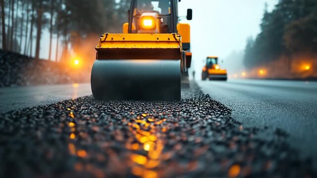 Night Road Construction: Asphalt Roller Compaction Timelapse