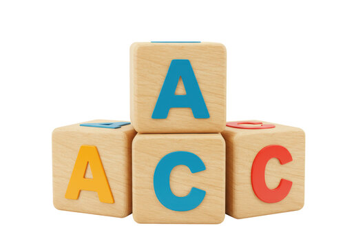 Isolated wooden alphabet blocks forming letters A, C, ABC learning, preschool education concept