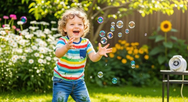 Happy Toddler Playing with Soap Bubbles in a Sunny Garden