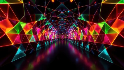 Kaleidoscopic tunnel with geometric shapes and vibrant neon colors creating a futuristic effect