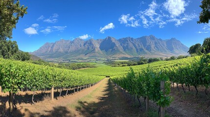 Naklejka premium Captivating vineyard harvest grape farm panoramic photography serene landscape elevated viewpoint grape culture