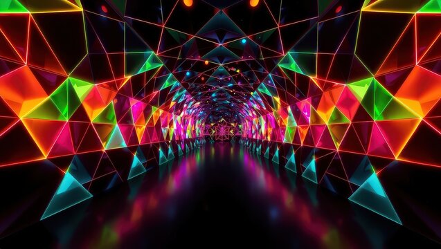 Kaleidoscopic tunnel with geometric shapes and vibrant neon colors creating a futuristic effect
