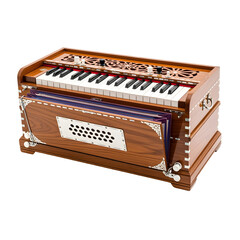 A brown wooden harmonium with a keyboard is featured on white or transparent background