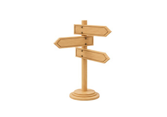 Isolated wooden signpost with three arrows to different directions, way finding aid