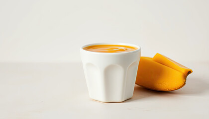 Creamy mango smoothie in white ceramic cup with fresh mango slice on minimal background, tropical fruit beverage concept, refreshing summer drink with smooth texture, natural vitamins and healthy life