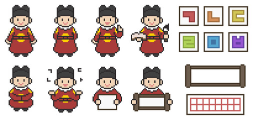 Cute Pixel Art Icon Set for Hangeul Day with King Sejong, Hangeul, Scroll, and Writing Paper. Korean Holiday and Culture Concept Icons