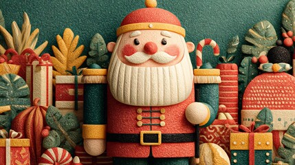 Christmas decorative banner with Santa Claus nutcracker locomotive gift boxes candy canes and ornaments festive composition bright background illustration