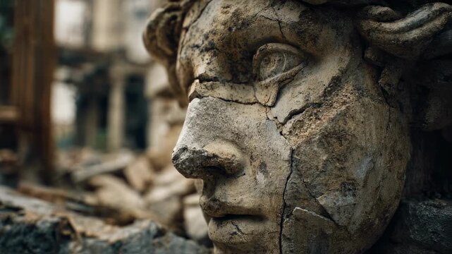 Crisp image of a crumbling stone statues face textured and worn set against a blurred backdrop of a ruined historic courtyard.