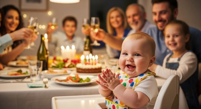 Happy Baby Clapping at Birthday Celebration Dinner with Family