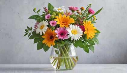 Colorful bouquet of flowers in a glass vase on a light background with copy space
