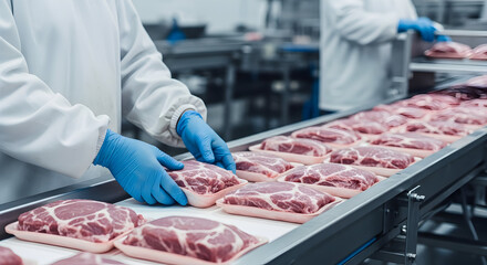 High quality pork chops on a modern meat processing production line, workers in protective clothing carefully inspect and package the fresh cuts of meat for distribution.