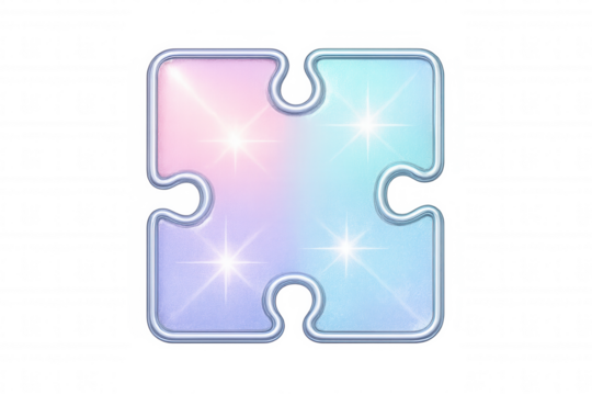 Single puzzle piece with pastel colors and sparkles, embodying problem-solving, connection, and playful strategy on a transparent background