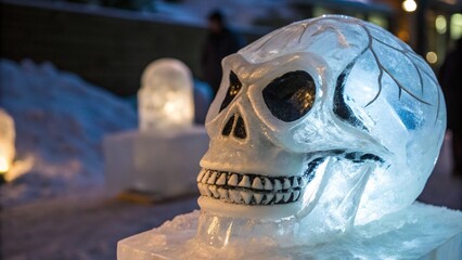 Close Up of Halloween Skull Ice Carving Sculpture for Spooky Seasonal Decoration