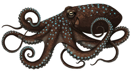 Fototapeta premium Brown Octopus with Blue Spots and Curled Tentacles Isolated on Transparent Background Realistic Illustration