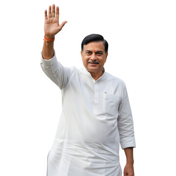 An Indian man in white kurta waving hand on white or transparent background