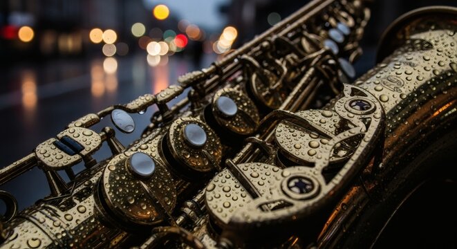 Close-up of saxophone keys shining in city lights celebrating International Music Day jazz culture