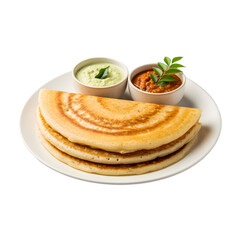 Three dosas served on a plate with chutney and sambar in small bowls on white or transparent background