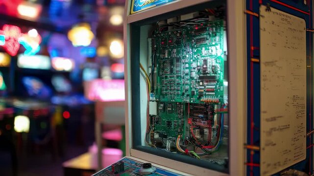 Close medium shot showcasing a custom FPGAenabled arcade machines intricate hardware inside a classic cabinet with blurred neon signs and arcade decor softly out of focus behind.