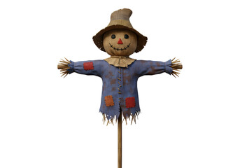 Isolated scarecrow with straw hat and patches for autumn season harvest festivals