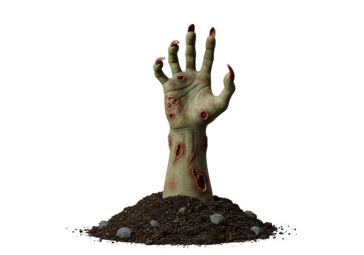 Isolated Zombie Hand Emerging from Dirt for Halloween Spooky Ghoul Horror Scene