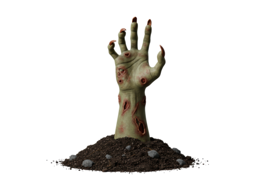 Isolated Zombie Hand Emerging from Dirt for Halloween Spooky Ghoul Horror Scene