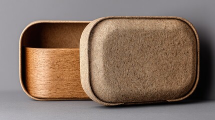 Two open square food containers, one with a light brown interior, are displayed against a muted gray backdrop