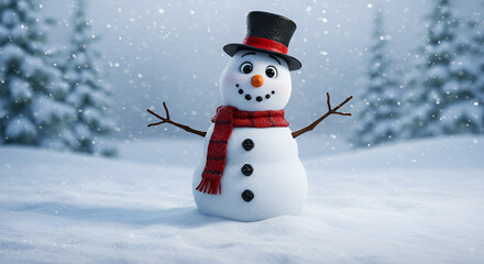 Obraz premium A Cheerful Snowman Standing In Fresh White Snow Winter Scene